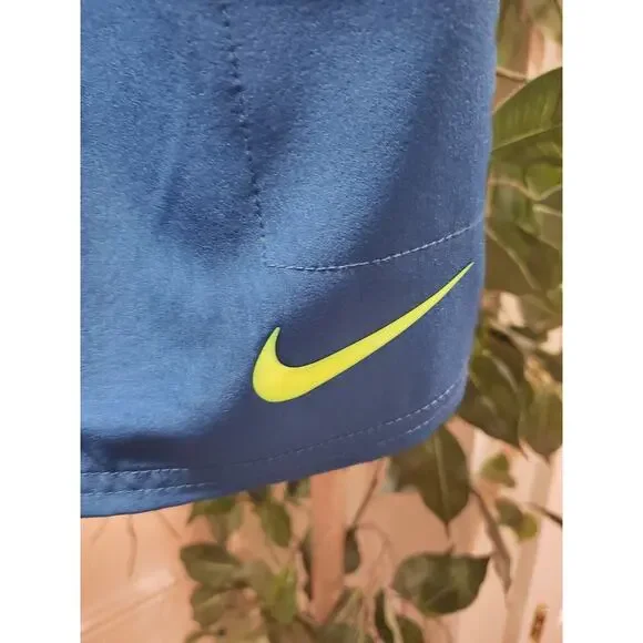 Nike Men Blue Polyester Pull On Drawstring Swim Trunk Logo Print Shorts Size LT